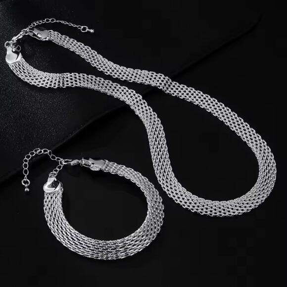 S7dd6e12e2bb1413b978f9c13b902c  925 Sterling Silver Necklace Bracelet Set Double Chain Geometric Christmas NEW!